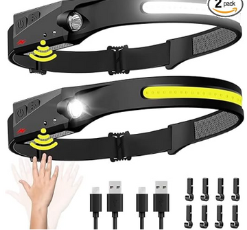 Headlamp Rechargeable 2PCS, 230° Wide Beam Head Lamp LED with Motion Sensor for Adults - Camping Accessories Gear, Waterproof Head Light Flashlight for Hiking, Running, Repairing, Fishing, Cycling